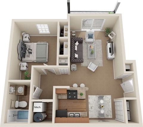 Floor plan for 1 bed, 1 bath, 678 sqft